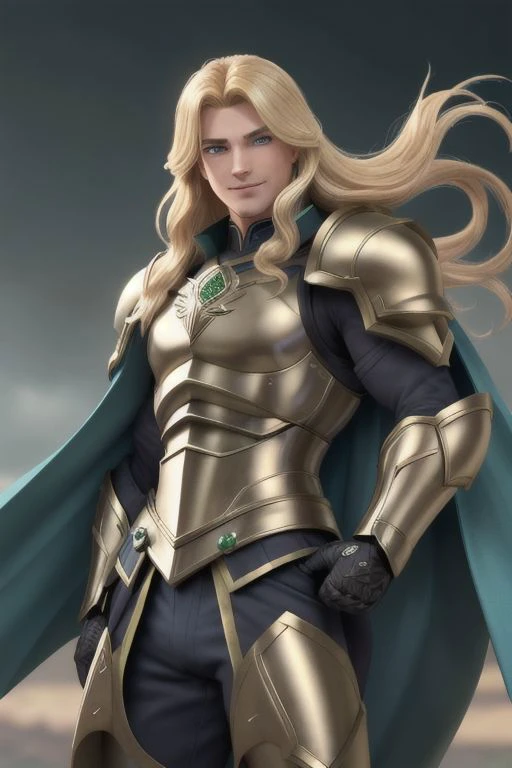 illustration,
full body,
1male,
30 years,
muscular,
tall,
long hair,
blonde hair,
green eyes,
battle armor,
long cape,
royalty,
green metal armor,
fantasty,
mythology,
green and blue colors,
background blue mist,
smiling,
action pose,
looking at viewer,
dynamic light,
ultra detail,
full detail,
8k best quality,
realistic, 8k,
micro intricate,
masterpiece,
owstyle