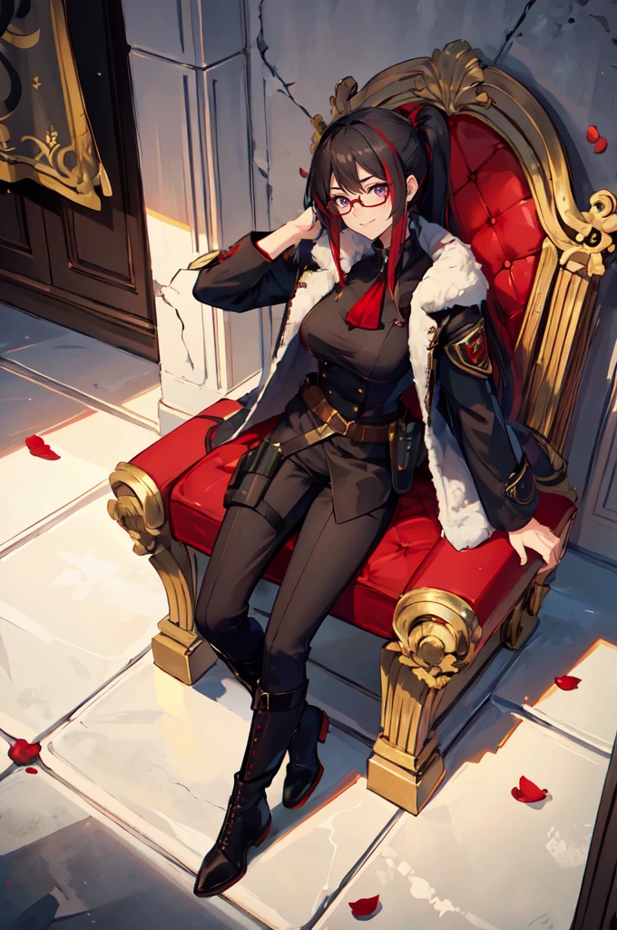 ultra detailed, masterpiece, best quality, throne room, throne, banners, rose petals, mafia, italy, marble \(stone\), sitting, head rest,
solo, cowboy shot, facing viewer,
<lora:owstyle resized:0.9> owstyle,
smug smile,
1girl, purple eyes, red-framed eyewear, (black hair, red colored tips:1.2), red streaked hair, very long hair, side ponytail, tied hair, medium breasts,
coat on shoulders, red dress, sleeves rolled up, fingerless gloves, holster, belt, multiple belts, combat boots, bulletproof vest, pants, black coat, tactical clothes,