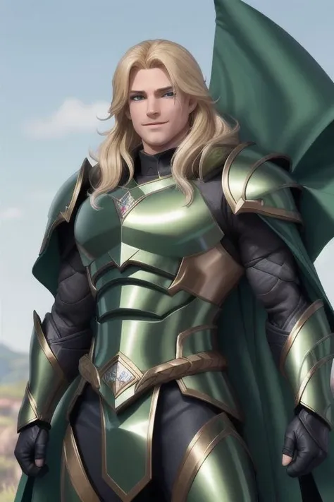 illustration,
full body,
1male,
30 years,
muscular,
tall,
long hair,
blonde hair,
green eyes,
battle armor,
long cape,
royalty,
green metal armor,
fantasty,
mythology,
green and blue colors,
background blue mist,
smiling,
action pose,
looking at viewer,
dynamic light,
ultra detail,
full detail, 
8k best quality,
realistic, 8k, 
micro intricate,
masterpiece,
owstyle