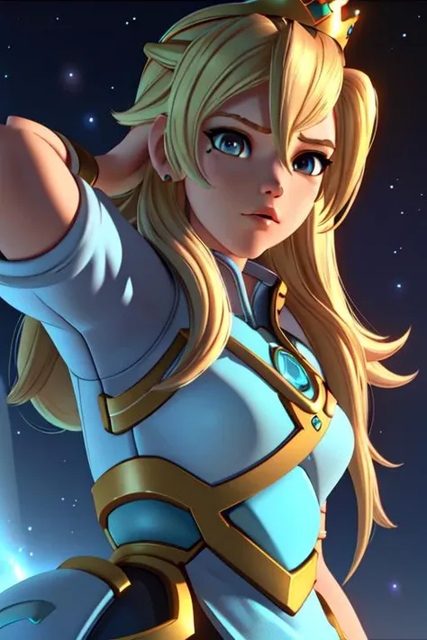 3D, CGI, 3D render , 1girl, princess rosalina, standing,aqua dress, looking at viewer, close up, space background, crown, photography, blonde long hair, hair over eye, ow4style, <lora:owstyle5:1.2>