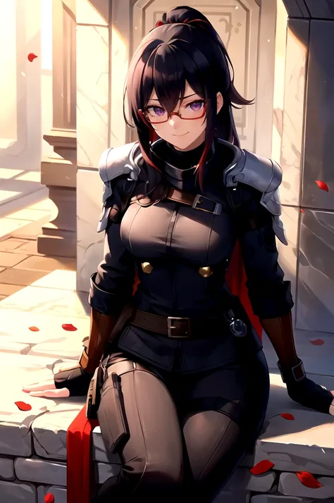 ultra detailed, masterpiece, best quality, throne room, throne, banners, rose petals, mafia, italy, marble \(stone\), sitting, head rest,
solo, cowboy shot, facing viewer,  
<lora:owstyle resized:0.9> owstyle,
smug smile,
1girl, purple eyes, red-framed eyewear, (black hair, red colored tips:1.2), red streaked hair, very long hair, side ponytail, tied hair, medium breasts,
coat on shoulders, red dress, sleeves rolled up, fingerless gloves, holster, belt, multiple belts, combat boots, bulletproof vest, pants, black coat, tactical clothes,