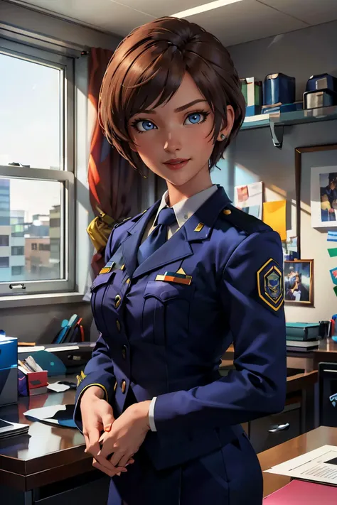 3d render, <lora:owstyle:1>
sxtopaz,short brown hair, blue eyes, red lips, wearing police uniform, looking at viewer, smiling, medium shot, standing,inside, office, window, sunny, extreme detail, masterpiece,   <lora:topaz-officer-v1:.8>