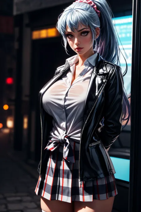 (ultra realistic,32k,RAW photo:1.1),(high detailed skin:1.1), 8k uhd, dslr, high quality, film grain, (makeup, mascara:1.1), lips,(thick\lips\), 
(shiny glossy translucent clothing:1.1), <lora:saki_kawasaki_v2:0.7>saki kawasaki, very long hair, ponytail, hair scrunchie, school uniform, black jacket, open jacket, collared shirt, tied shirt, plaid skirt, kneehighs, <lora:add_detail:0.92>, huge breast, (upper body:1.1),
Standing with hands behind the back,
 (busty:1.1) ,  (chubby:0.1),(glowwave:1.1), <lora:LowRA:0.4>, dark theme cybernetic underground resistance hideout, rebel hackers, anti-establishment activities, covert operations