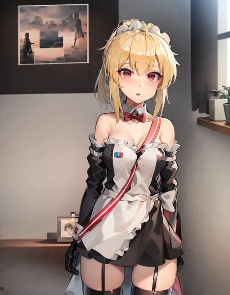(extremely detailed CG unity 8k wallpaper),(masterpiece), (best quality), (ultra-detailed), (best illustration),(best shadow), (sharp eyeliner, eyeshadow, detailed eyes:1.1), bedroom background,
(sv98maid:1.2),
<lora:SV98:1>