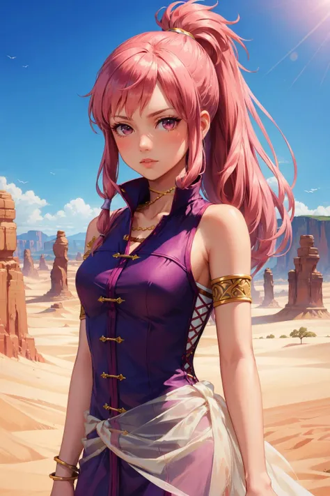 masterpiece, best quality, feMarisa, pink hair, ponytail, armlet, purple dress, see-through, upper body, standing, looking at viewer, serious, desert, rock formations, sun, dynamic pose <lora:marisa-nvwls-v1-000010:0.9>