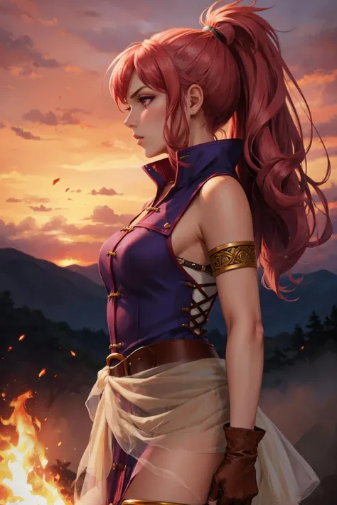 masterpiece, best quality, feMarisa, pink hair, ponytail, armlet, purple dress, see-through, belt, fingerless gloves, furrowed brow, serious, battlefield, fire, burning, cowboy shot, from side, red sky <lora:marisa-nvwls-v1-000010:0.9>