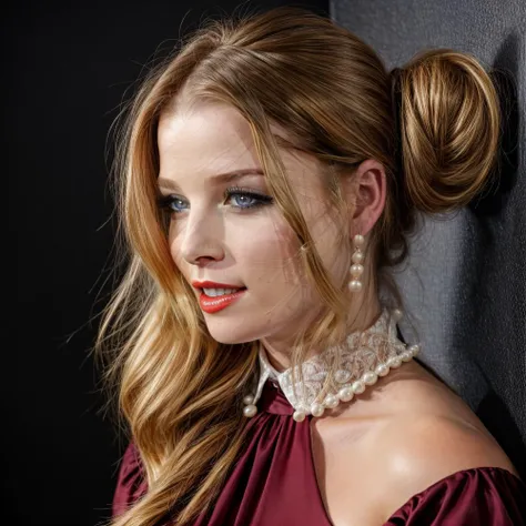 masterpiece rachel_nichols highres realism photo from above portrait perfect body blonde professional (upswept bun:1.1) posing wearing simple (maroon:1.1) (dress:1.1) lace collar see-through sleeves (pearls:1.1) RAW photo 8k 1960's style moonlight chiaroscuro <lora:rachel_nichols-000008:0.5>