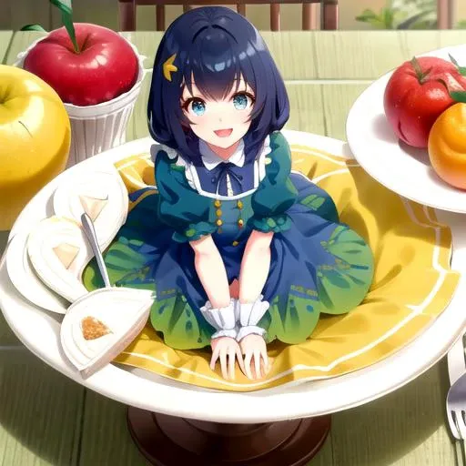<lora:Shizuka-09:0.8>, shizukawds, looking at viewer, smile, open mouth,  hair ornament, dress, bow, ribbon, holding, sitting, short sleeves, :d, frills, food, hairclip, apron, wrist cuffs, fruit, from above, frilled dress, plate, green dress, minigirl, fork, yellow dress, oversized object, blueberry