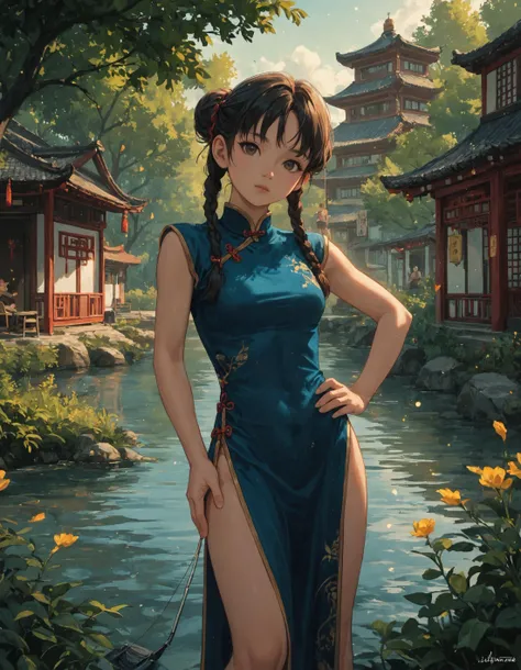 score_9, score_8_up, score_7_up, score_6_up, source_anime, masterpiece, newest,
hair, twin braids, china dress, china, outdoors, village, tree, river, pelvic curtain, light particles, sunbeam, hand on own hip, head tilt, lens flare, from side, people fishing on background