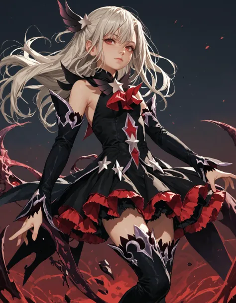 score_9, score_8_up, score_7_up, score_6_up, score_5_up, rating_questionable, <lora:Illya_IQ2:0.9>, <lora:kyuyong:0.7> kyuyongeom
1girl, white hair, red eyes, long hair, side ponytail, hair ornament, black dress, magical girl, corruption, detached sleeves, black thigh Boots,