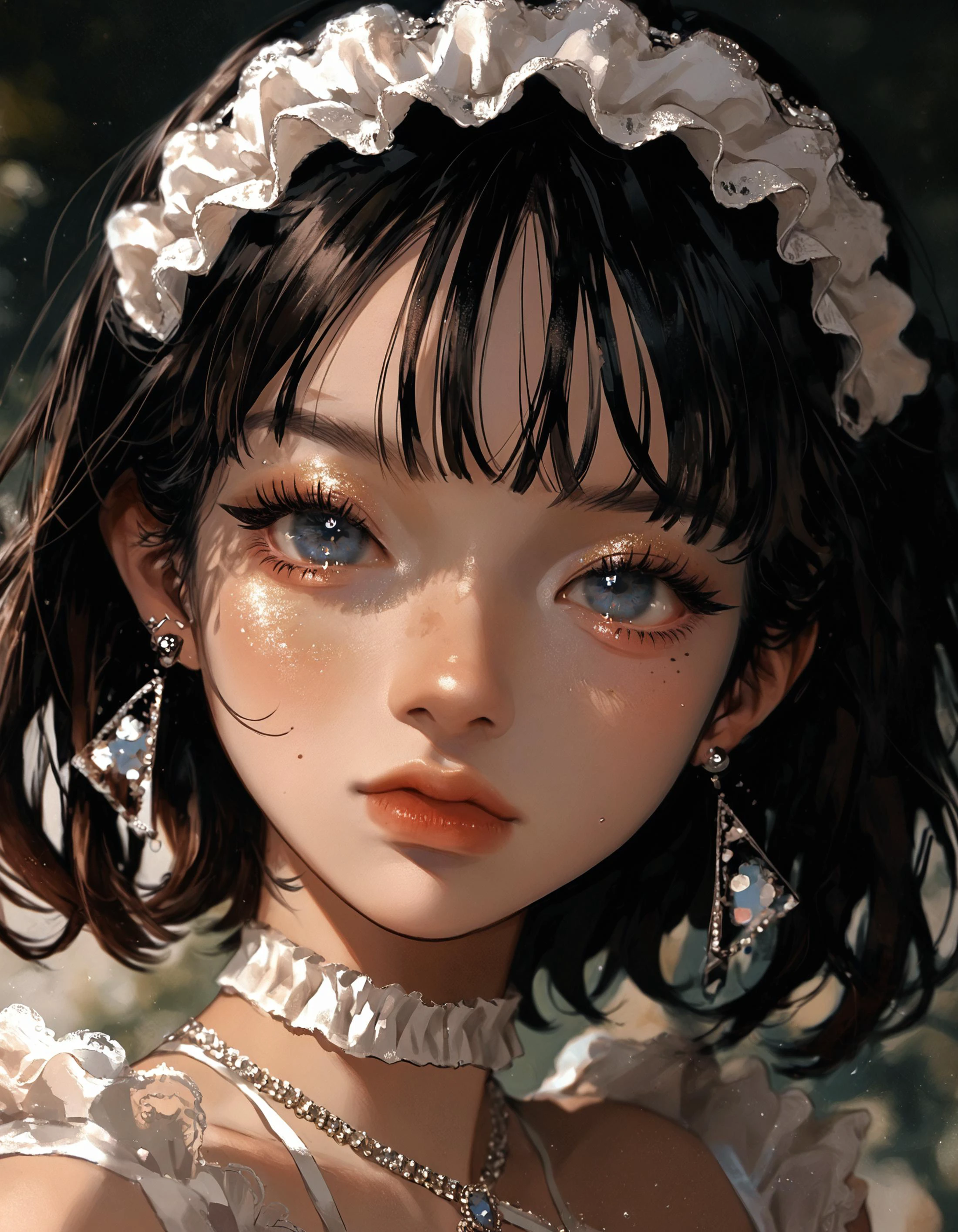 score_9, score_8_up, score_7_up, 1girl , lace headband, lace dress, winged eyeliner, false eyelashes, white glitter eyeshadow, fringe,moles under eyes, earrings, <lora:jelly_v0.5-pony:.6> , <lora:makeup_master_pony_v2:1> , <lora:MJ52:1>
