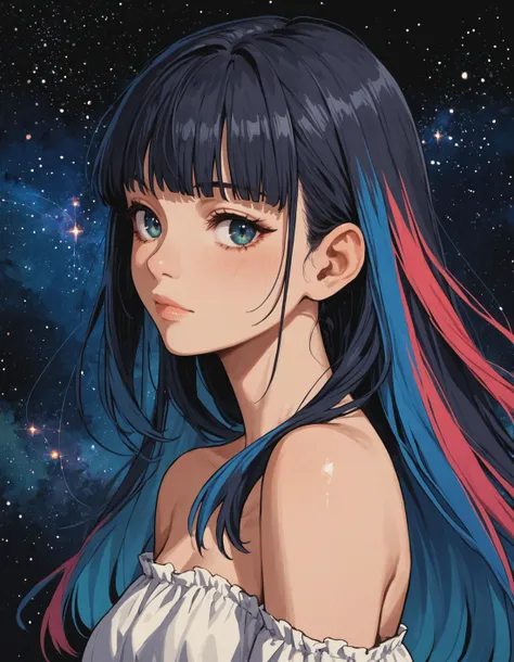 score_9, score_8_up, score_7_up, score_6_up, score_5_up, rating_questionable,  source_anime,  1girl, portrait,  multicolored hair, fringe, bare shoulders, upper body, cosmic