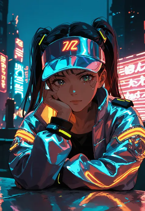 score_9, score_8_up, score_7_up, source_anime, 1girl, solo,visor cap,   twintails, cropped jacket, cyberpunk, neon lights, skyline, cyborg,  head rest, <lora:laser_light_clothes_v0.5-pony:1> laser light clothes,