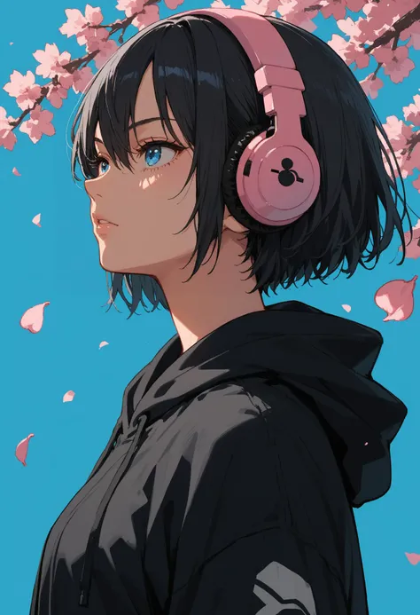 score_9, score_8_up, score_7_up,source_anime,1girl,solo,black hair,short hair,hair between eyes,blue eyes,perfecteyes,eyebrows,wearing a hoodie,headphones,from the side,side view,simple background,blue background,cherry blossom trees,cherry blossom petals,sinozick,flat colors