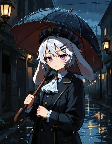 score_9, score_8_up, score_7_up, (lop rabbit ears, floppy ears, long ears), tomboy, white ears, swept bangs, very short hair, white hair, hair clips, purple eyes, flat chest, white collar, black coat, tartan hat, ascot, cabbie hat, (((holding umbrella))), rain, wet, dark sky, street lamp, Victorian, warm glow, mood lighting, cowboy shot, Low-key lighting