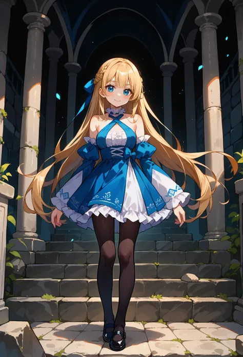 detailed background, column lineup, marble \(stone\), stone wall, stone stairs, color lights, light particles, blue theme, score_9, score_7_up, source_anime, BREAK solo, light smile, <lora:mxmarina:1> mxmarina, french braid, half updo, Hair ribbon, frilled choker, criss-cross halter, sleeveless dress, high-waist skirt, backless dress, blue dress, waist blue bow, detached sleeves, frilled sleeves, wide sleeves, blue sleeves, black pantyhose, patterned legwear, pinstripe pantyhose, mary janes, very long hair,