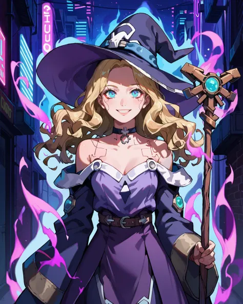 score_9, score_8_up, score_7_up, source_anime, 1girl, wavy blonde hair, blue eyes, skinny, cyberpunk, smile, choker, holding staff, witch hat, alley, neon lights, teal trim purple dress, night, <lora:Dark_Smoky_Aura:1>, SmokeyAura, Aura, Smoke, dynamic, intricate details, detailed background