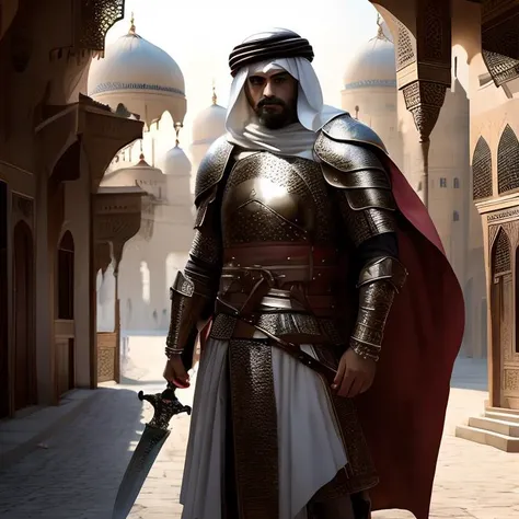 (masterpiece:1.2), (best quality,:1.2), 8k, HDR, ultra detailed, ((photorealistic)), professional light, cinematic lighting, fashion photography, ambient lighting, and, armor, cape, holding, man, metal, shield, sky, sword, with, <lora:ArabianArmor-10:0.7>, in a street with arabian houses, arto, <lora:ArabianTown-10:0.8>, ((perfect hands)), epiCPhoto