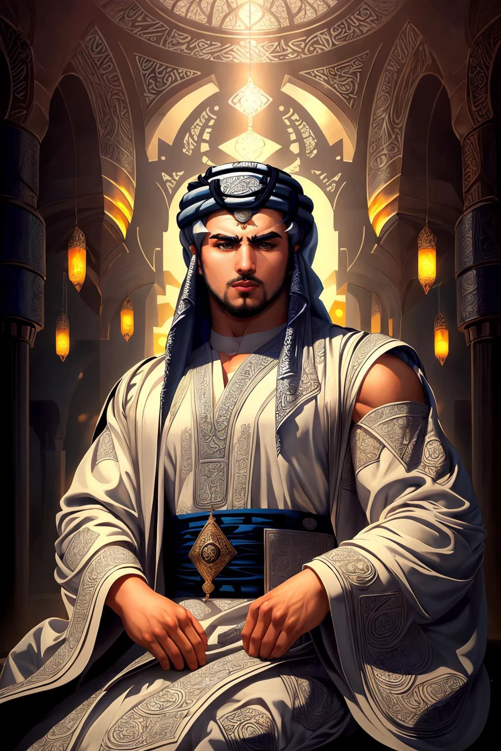 male focus, <lora:fmounshed-14:0.75> fmounshed, facial hair, digital illustration, looking at viewer, mysterious expression, (ethereal abstract islamic art), BREAK Islamic geometric designs, soft lighting, intricate patterns, calligraphy, Arabic script <lora:ArabianArmor:1>