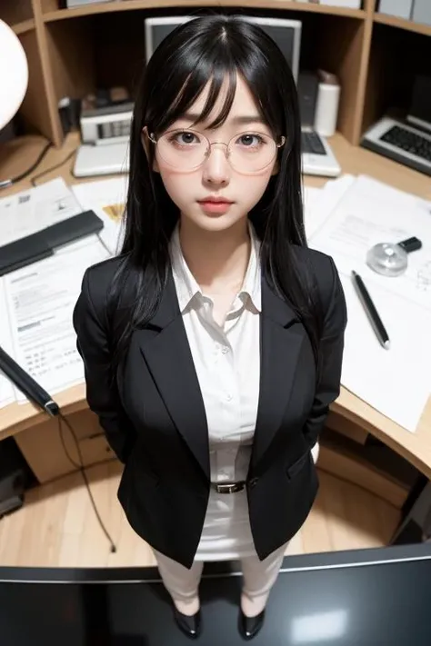 <lora:minigirl_v01:3>, best quality, masterpiece, illustration, (realistic, photo-realistic:1.37), amazing, finely detail, incredibly absurdres, huge filesize, ultra-detailed, highres, extremely detailed CG unity 8k wallpaper, ray tracing, 1girl, A science fiction digital painting of a miniature upset Korean girl with glasses, long black hair, bangs, and a large bust wearing a skirt suit and open lab coat standing on a huge desk surrounded by oversized objects like stationery, pens, erasers, staplers, coins, and keyboards in a indoor laboratory setting, rendered from an overhead view with a tilt-shift effect.
