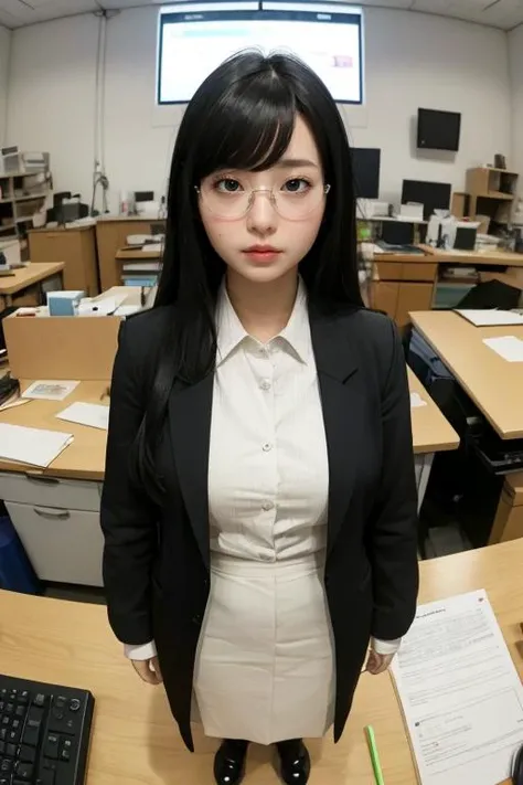 <lora:minigirl_v01:3>, best quality, masterpiece, illustration, (realistic, photo-realistic:1.37), amazing, finely detail, incredibly absurdres, huge filesize, ultra-detailed, highres, extremely detailed CG unity 8k wallpaper, ray tracing, 1girl,  A science fiction digital painting of a miniature upset Korean girl with glasses, long black hair, bangs, and a large bust wearing a skirt suit and open lab coat standing on a huge desk surrounded by oversized objects like stationery, pens, erasers, staplers, coins, and keyboards in a indoor laboratory setting, rendered from a fisheye overhead view with strong perspective distortion.