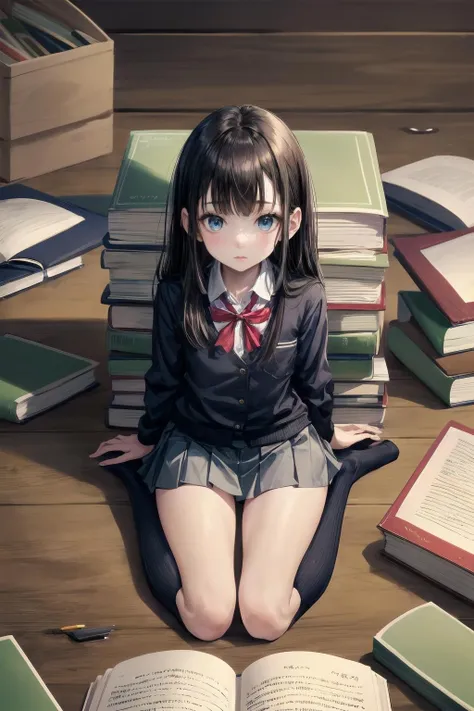 1girl, (shrunken, minigirl:1.2), a cute girl, six inches tall, mature female, from above,
16k, highres, masterpiece, best quality,
sitting on a book, wariza, oversized object, stack of books, stationery, indoors, school uniform, pleated miniskirt, long hair, bangs,
<lora:minigirl_last:1.8>,