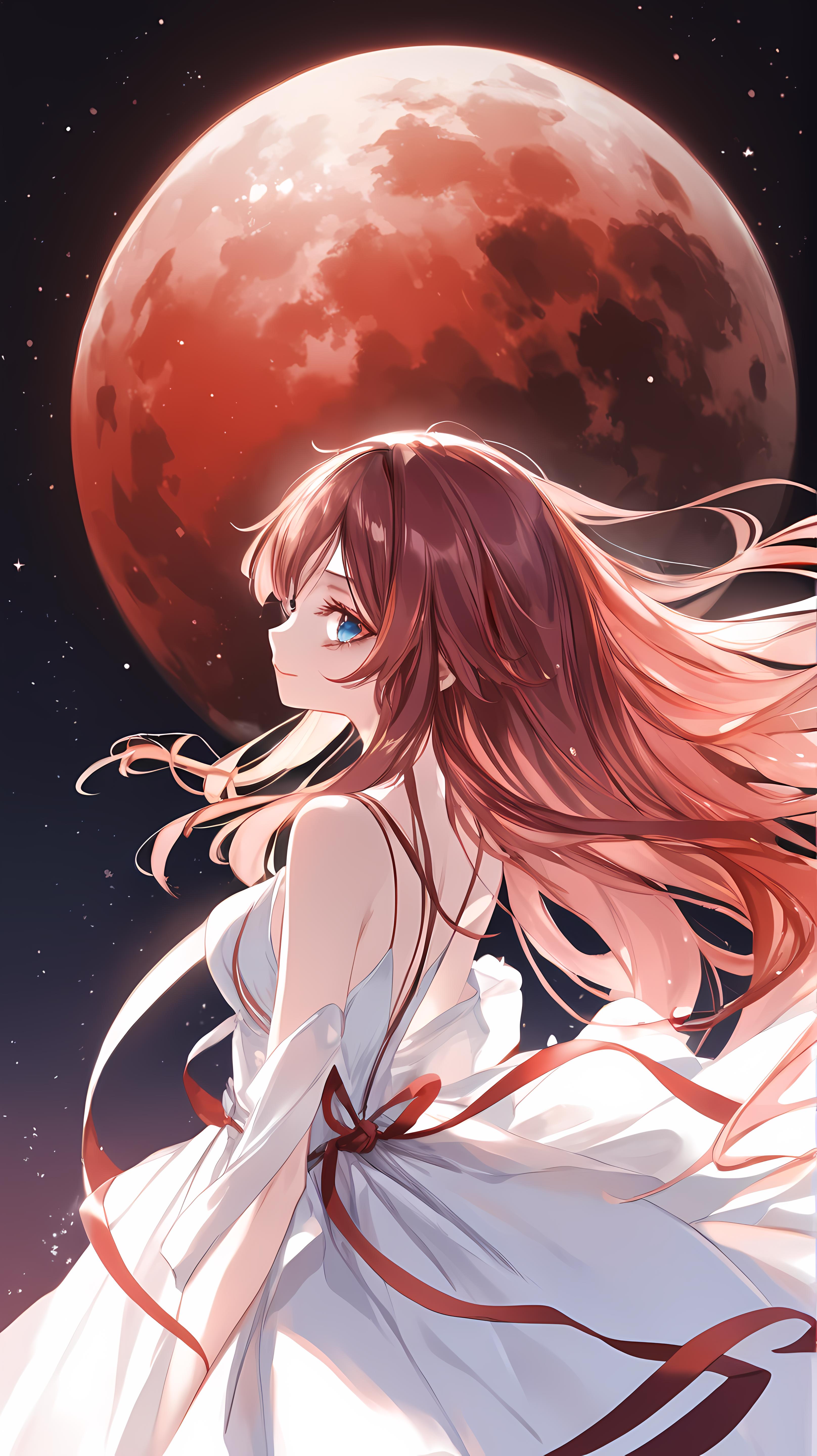 A woman in a white dress is standing in front of a red moon - SeaArt AI