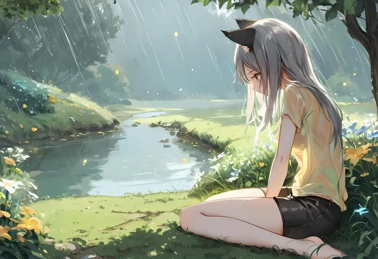 score_9,score_8_up,score_7_up,score_6_up,pottsness style, 1girl, solo, <lora:pottsness_style_xl:1>, green eyes, cat ears, gray hair, sad, medium breasts, long hair, sitting on grass, tree shadow, wind, yellow shirt, black shorts, looking aside, profile, <lora:lightXL:1.2>, neolight, tears, light particles, glow effect, flowers, raining, raindrops, wet shirt, transparent clothes, shy, <lora:add-detail-xl:2>