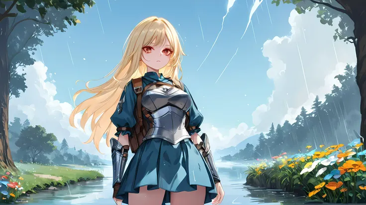 score_9,score_8_up,score_7_up,score_6_up,pottsness style, 1girl, solo, <lora:pottsness_style_xl:1>, red eyes, (leather armor:1.2), backpack, serious, glowing eyes, (from below:1.3), medium breasts, long hair, blonde hair, standing, looking at viewer, tree shadow, wind, cowboy shot, <lora:lightXL:1.2>, neolight, light particles, glow effect, flowers, raining, raindrops, <lora:add-detail-xl:2>, (river:1.1), thunder, lightning, <lora:DetailedEyes_V3:1.2>