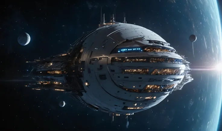 massive spherical shaped generation starship approaching starbase in the orbit of a blue gas planet, 8k, detailed, realistic, cinematic, (high resolution, photorealistic, sharp:1.4), dutch angle, wide lens <lora:add-detail-xl:1> <lora:detailed_notrigger:1> <lora:light:1> <lora:SpaceCraft_XL:1> <lora:glowneon_xl_v1:1> <lora:JuggerCineXL2:1>