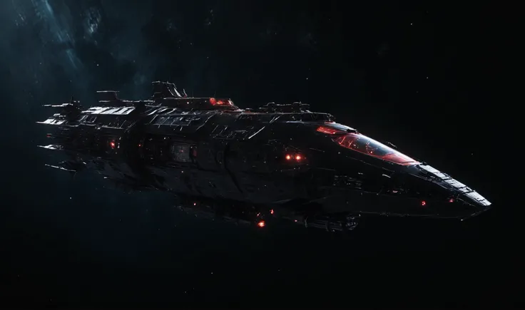 space frigate made of black obsidian in orbit, light from small windows visible, red warp drive, 8k, detailed, realistic, cinematic, science fiction, (high resolution, photorealistic, sharp:1.4) <lora:add-detail-xl:1> <lora:detailed_notrigger:1> <lora:light:1> <lora:SpaceCraft_XL:0.5> <lora:JuggerCineXL2:1> <lora:Into_Darkness:1>