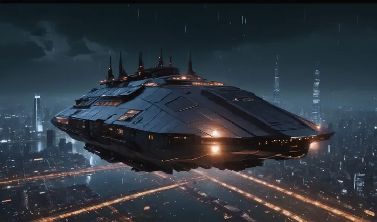 massive cuboid industrial spaceship approaching from space at a spaceport in front of a vast megacity of the future, ziggurat skyline in background, neon lighting, night, rain, stars in the sky, space transport shuttles in the sky, people in foreground, 8k, detailed, realistic, cinematic, high resolution, photorealistic, sharp, vertical composition, view from below, wide lens <lora:add-detail-xl:1> <lora:detailed_notrigger:1> <lora:JuggerCineXL2:1> <lora:light:1> <lora:SpaceCraft_XL:1>
