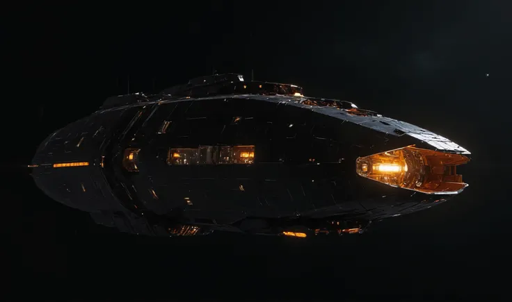 massive cuboid shaped generation starship made of black obsidian, light from small windows visible, orange warp drive lights, 8k, detailed, realistic, cinematic, (high resolution, photorealistic, sharp:1.4), dark, dutch angle, wide lens <lora:add-detail-xl:1> <lora:detailed_notrigger:1> <lora:light:1> <lora:SpaceCraft_XL:0.5> <lora:JuggerCineXL2:1> <lora:Into_Darkness:1>