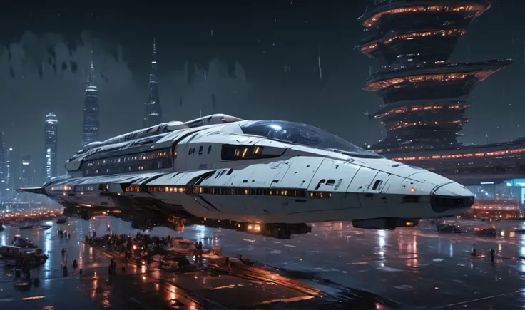 massive spaceship highliner parking in spaceport in front of a vast megacity of the future, ziggurat skyline in background, neon lighting, night, rain, stars in the sky, space transport shuttles in the sky, people in foreground, 8k, detailed, realistic, cinematic, high resolution, photorealistic, sharp, brutalism <lora:add-detail-xl:1>  <lora:detailed_notrigger:1> <lora:JuggerCineXL2:1> <lora:light:1> <lora:SpaceCraft_XL:1>