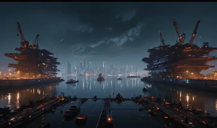 waterfront, futuristic industrial shipyard in front of a vast megacity of the future, crane silhouettes in the foreground, ziggurat skyline in background, neon lighting, night, rain, stars in the sky, space transport shuttles in the sky, workers in foreground, 8k, detailed, realistic, cinematic, movie still, high resolution, photorealistic, sharp, brutalism <lora:add-detail-xl:1>  <lora:detailed_notrigger:1> <lora:JuggerCineXL2:1> <lora:light:1> <lora:SpaceCraft_XL:1>