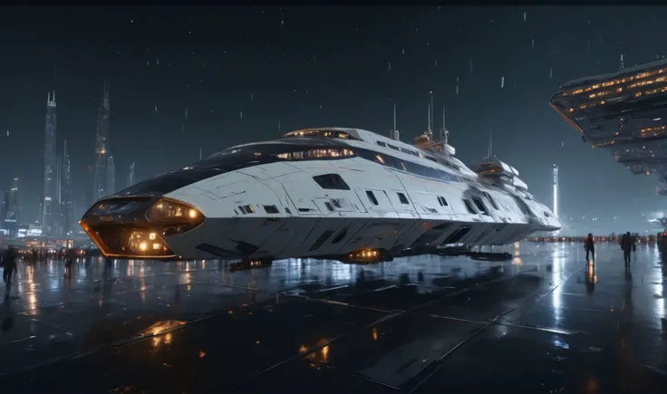 view from the ground, massive cuboid luxus highliner spaceship approaching from space at a spaceport in front of a vast megacity of the future, passengers waiting in foreground, neon lighting, night, rain, stars in the sky, space transport shuttles in the sky, 8k, detailed, realistic, cinematic, (high resolution, photorealistic, sharp:1.4), (view from below, low angle:1.4) wide lens <lora:add-detail-xl:1> <lora:detailed_notrigger:1> <lora:JuggerCineXL2:1> <lora:light:1> <lora:SpaceCraft_XL:1>