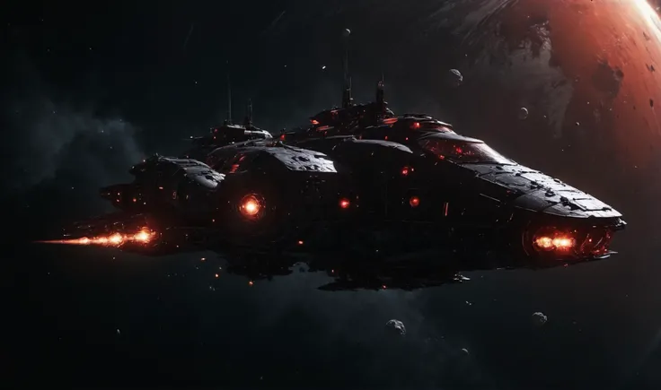 view from above, bulky spaceship made of black obsidian, red lights, dropping bombs on a planet, explosions on planet surface, 8k, detailed, realistic, cinematic, science fiction, (high resolution, photorealistic, sharp:1.4) <lora:add-detail-xl:1> <lora:detailed_notrigger:1> <lora:light:1> <lora:SpaceCraft_XL:0.5> <lora:JuggerCineXL2:1> <lora:Into_Darkness:1>