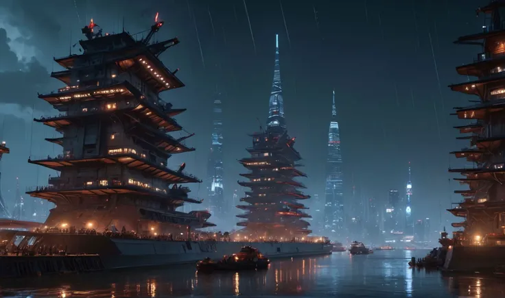 waterfront, futuristic industrial shipyard in front of a vast megacity of the future, towered by a huge ziggurat in its center background, neon lighting, night, rain, stars in the sky, space transport shuttles in the sky, cranes, workers in foreground, 8k, detailed, realistic, cinematic, movie still, high resolution, photorealistic, sharp, brutalism <lora:add-detail-xl:1> <lora:detailed_notrigger:1> <lora:JuggerCineXL2:1> <lora:light:1>