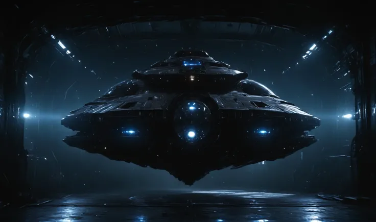 bulky industrial starship made of black obsidian, light from small windows visible, blue warp drive lights, 8k, detailed, realistic, cinematic, (high resolution, photorealistic, sharp:1.4), isolation, loneliness <lora:add-detail-xl:1> <lora:detailed_notrigger:1> <lora:light:1> <lora:SpaceCraft_XL:0.5> <lora:JuggerCineXL2:1> <lora:Into_Darkness:1>