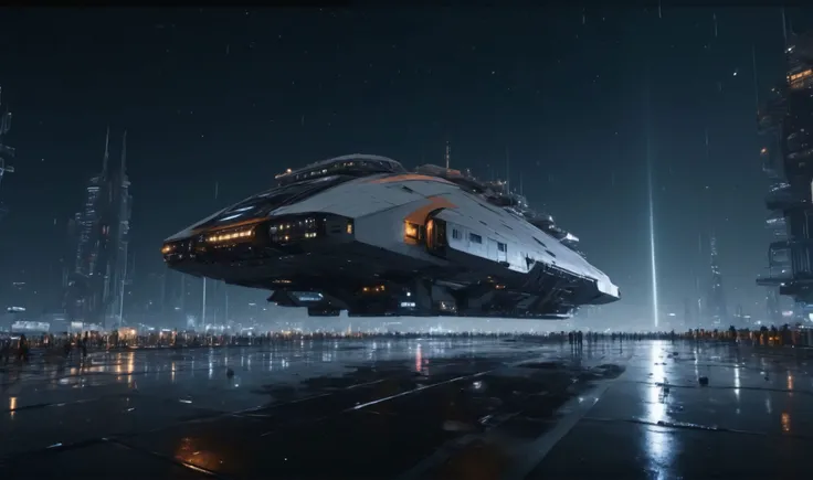 view from the ground, massive cuboid industrial spaceship approaching from space at a spaceport in front of a vast megacity of the future, neon lighting, night, rain, stars in the sky, space transport shuttles in the sky, people in foreground, 8k, detailed, realistic, cinematic, (high resolution, photorealistic, sharp:1.4), (view from below, low angle:1.4) wide lens <lora:add-detail-xl:1> <lora:detailed_notrigger:1> <lora:JuggerCineXL2:1> <lora:light:1> <lora:SpaceCraft_XL:1>