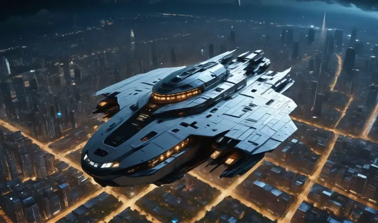 top view, shuttle spaceship flying at high altitude above a planet, vast megacity of the future with a huge ziggurat building in the center on the ground visible, city grid, neon lighting, night, rain, stars in the sky,  8k, detailed, realistic, cinematic, (high resolution, photorealistic, sharp:1.4), wide lens <lora:add-detail-xl:1>  <lora:detailed_notrigger:1> <lora:light:1> <lora:SpaceCraft_XL:1>