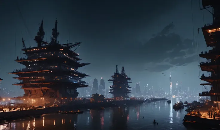 waterfront, futuristic industrial shipyard in front of a vast megacity of the future, crane silhouettes in the foreground, towered by a huge ziggurat in its center background, neon lighting, night, rain, stars in the sky, space transport shuttles in the sky, workers in foreground, 8k, detailed, realistic, cinematic, movie still, high resolution, photorealistic, sharp, brutalism <lora:add-detail-xl:1>  <lora:detailed_notrigger:1> <lora:JuggerCineXL2:1> <lora:light:1> <lora:SpaceCraft_XL:1>