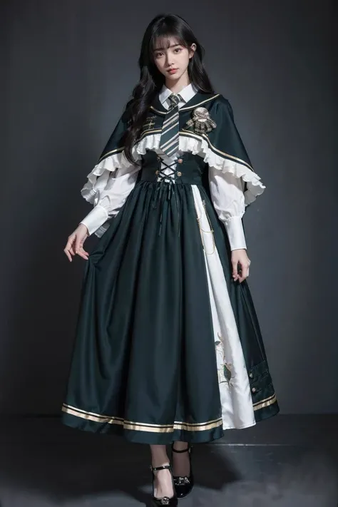 best quality, masterpiece, realistic, photorealistic, 1girl, solo, looking at viewer, full body, cyb dress, collared shirt, long sleeves, necktie, capelet, frills, badge, long dress, high heels, <lora:magic_costume_style2_v2:0.65>