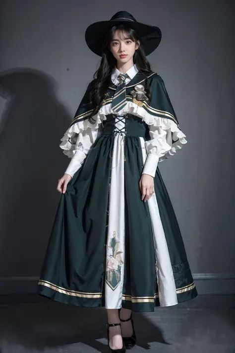 best quality, masterpiece, realistic, photorealistic, 1girl, solo, looking at viewer, full body, cyb dress, collared shirt, long sleeves, necktie, capelet, frills, badge, long dress, high heels, witch hat, simple background, <lora:magic_costume_style2_v2:0.65>