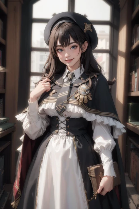 (best quality, ultra detailed), 1girl, solo, cowboy shot, smile, (streaked hair:0.9), cyb dress, collared shirt, long sleeves, necktie, capelet, frills, badge, long dress, beret, <lora:magic_costume_style2_v2:0.5>, magic library,