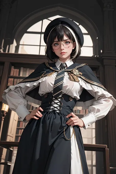 (best quality, ultra detailed), fantasy, 1girl, solo, cowboy shot, from below, dutch angle, looking viewer, pout, scowl, bob, streaked hair, hand on hip, cyb dress, collared shirt, long sleeves, necktie, capelet, frills, badge, long dress, beret, round_glasses, <lora:magic_costume_style2_v2:0.5>, magic library, hazy air, cinematic lighting, depth of field