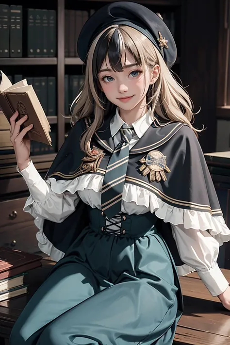 (best quality, ultra detailed), 1girl, solo, cowboy shot, smile, (streaked hair:0.9), sitting, cyb dress, collared shirt, long sleeves, necktie, capelet, frills, badge, long dress, beret, <lora:magic_costume_style2_v2:0.5>, magic library,