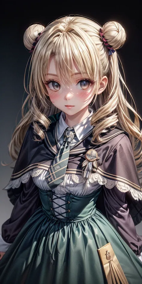 (masterpiece,ultra-detailed,best quality,8K,CG,realistic,illustration:1.2),(perfect-composition,detailed beautiful face,Clean skin,photographical skin,shiny skin,shiny hair, photographical hair,ultra detailed eyes,shaved,kawaii,uncensored:1.1),<lora:add_detail:1.8>, (petite girl:1.4) ,long hair,<lora:tenjouin_saki_v1:0.6>  long hair, blonde hair, double bun, drill hair, brown eyes, <lora:magic_costume_style2_v2:0.6> cyb dress, collared shirt, long sleeves, necktie, capelet, frills, badge, long dress