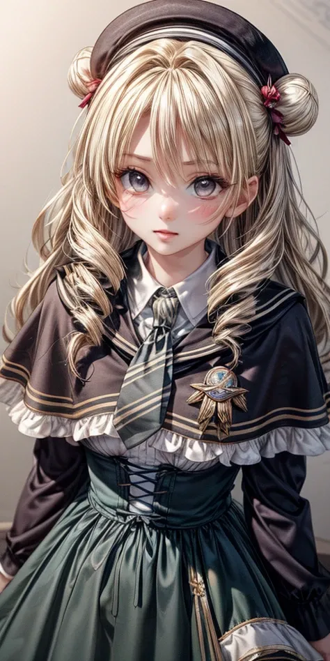 (masterpiece,ultra-detailed,best quality,8K,CG,realistic,illustration:1.2),(perfect-composition,detailed beautiful face,Clean skin,photographical skin,shiny skin,shiny hair, photographical hair,ultra detailed eyes,shaved,kawaii,uncensored:1.1),<lora:add_detail:1.8>, (petite girl:1.4) ,long hair,<lora:tenjouin_saki_v1:0.6> long hair, blonde hair, double bun, drill hair, brown eyes, <lora:magic_costume_style2_v2:0.6> cyb dress, collared shirt, long sleeves, necktie, capelet, frills, badge, long dress,hat