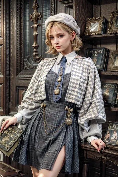 (realistic:1.3), finely detailed, quality, rembrandt lighting, (masterpiece:1.2), (photorealistic:1.2), (best quality), (detailed skin:1.3), (intricate details), dramatic, ray tracing, 1girl, british girl, 21 years old, detailed skin texture, (blush:0.5), (goosebumps:0.5), subsurface scattering, smiling, medium breasts, short hair curls, bangs, mcostume, (indoors, bookstore, bookshelves, magazines), <lora:magic_costume_v1:0.7>